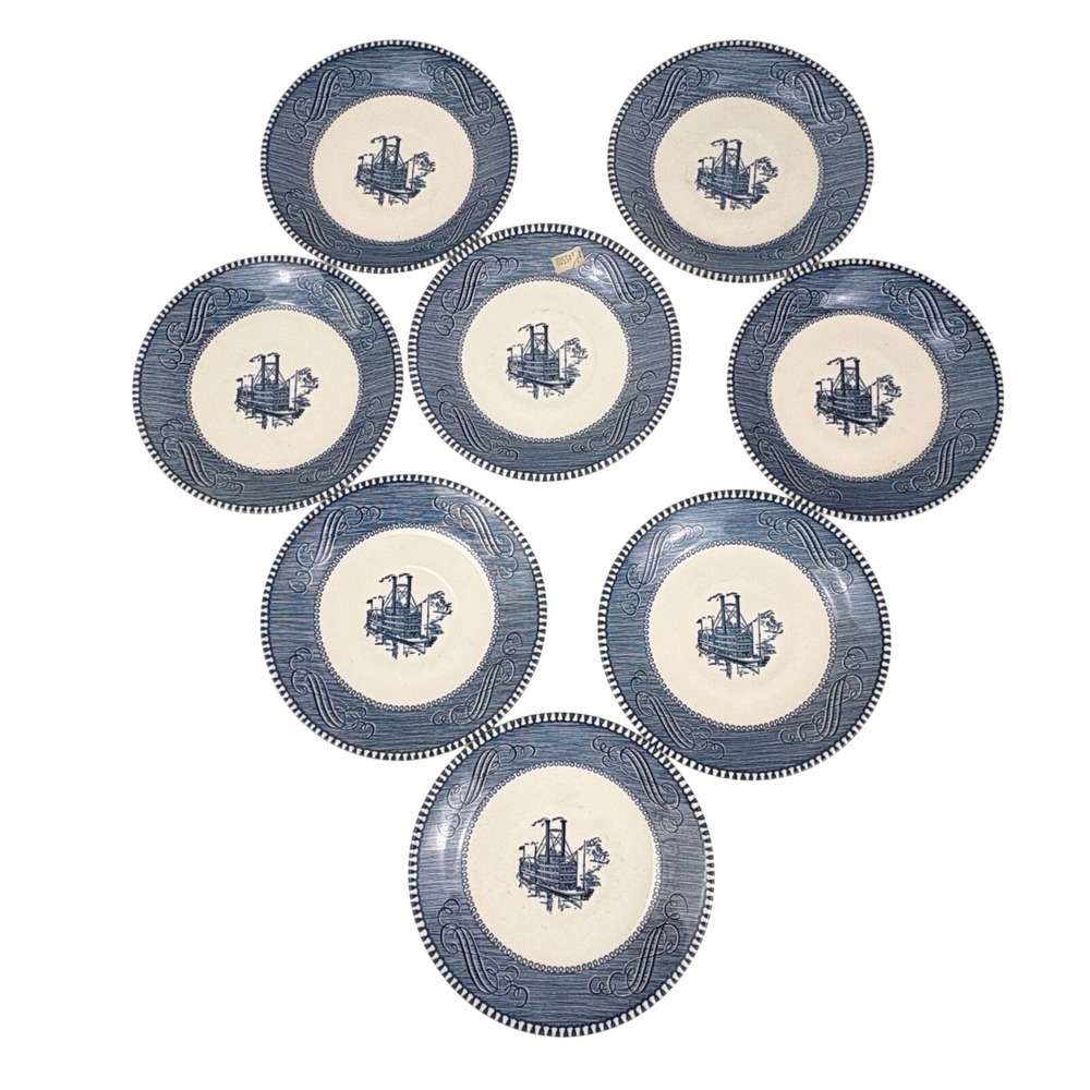 8 VTG Blue White Low Water on the Mississippi Steamboat Saucer Appetizer Plate